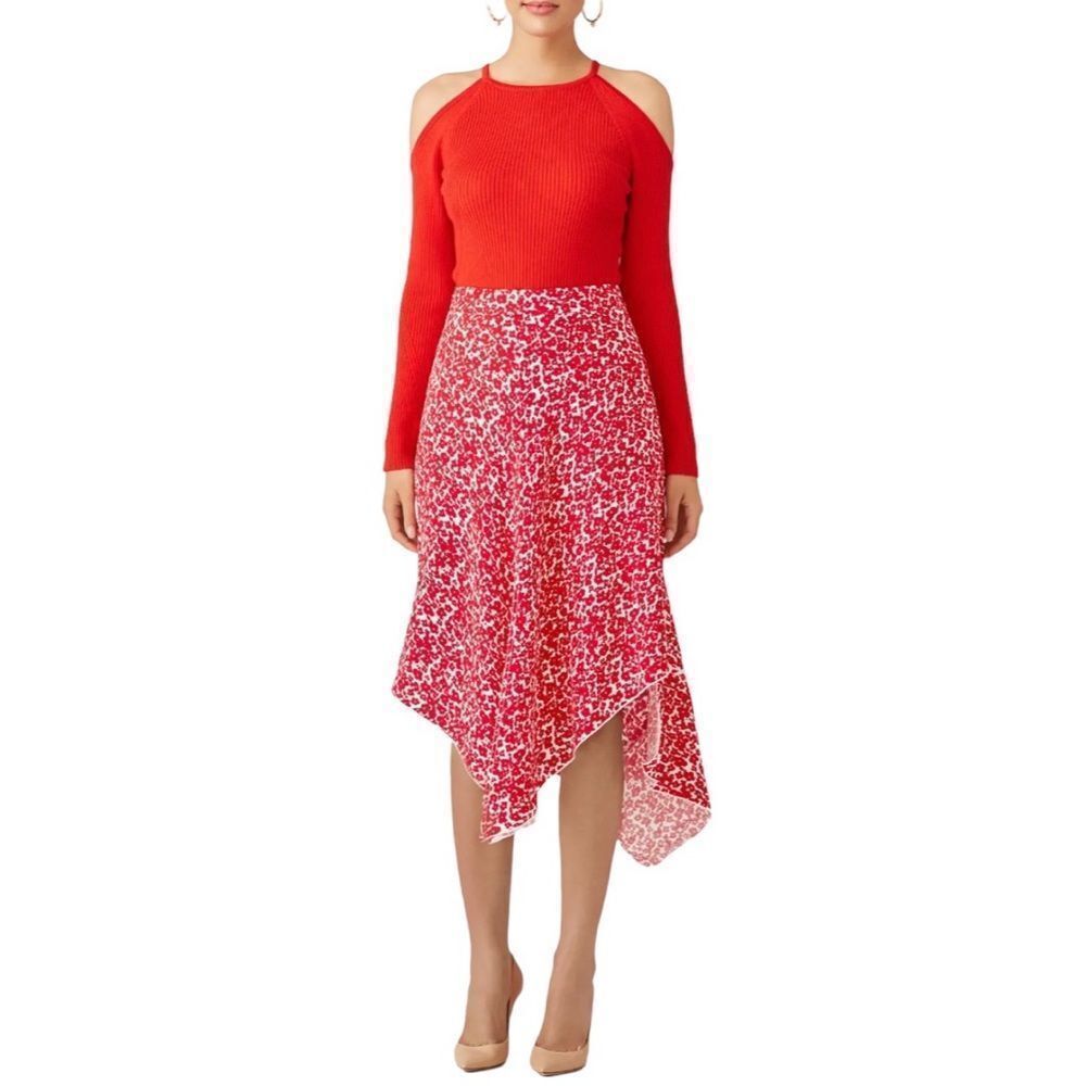 Derek Lam Floral Spotted Asymmetrical Silk Midi Skirt Red & White Ladies Size 6